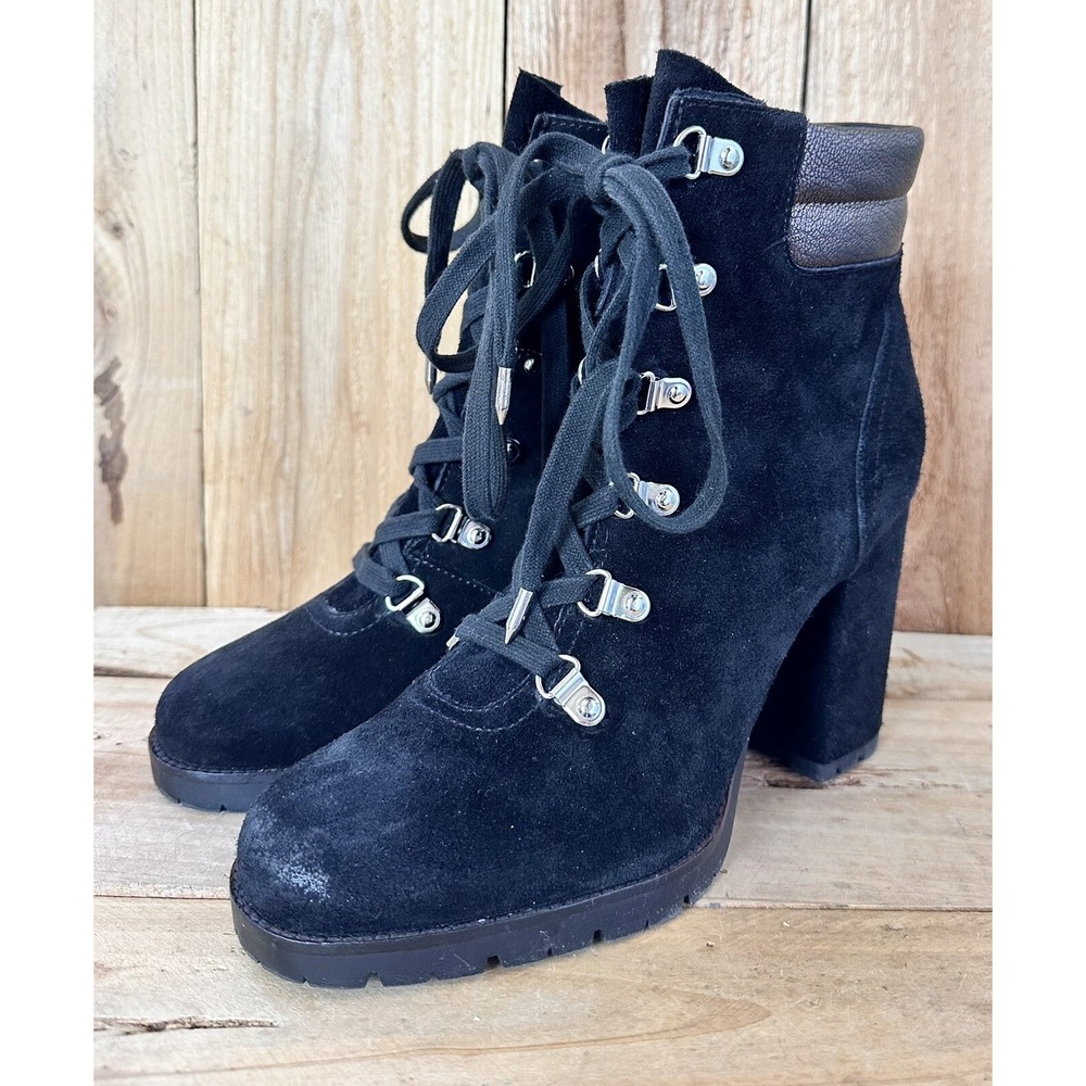 Sam Edelman Suede Black Boots Carolena Biker Heels Lace Up Women's Size 9